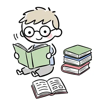  たくさんの本に囲まれて、楽しそうに読書をするメガネの男の子のイラスト。読書の秋。