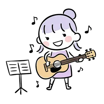  譜面台を見ながら、アコースティックギターを弾いて楽しそうに歌う女の子のイラスト。芸術の秋。