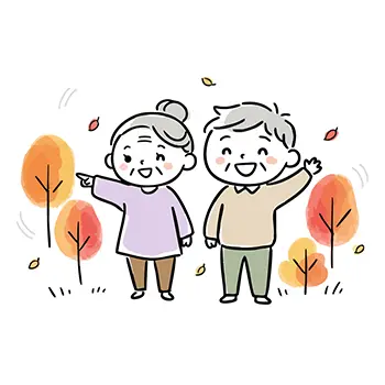  紅葉した秋の風景の中、笑顔で散歩を楽しむシニア夫婦（おじいさん・おばあさん）のイラスト。