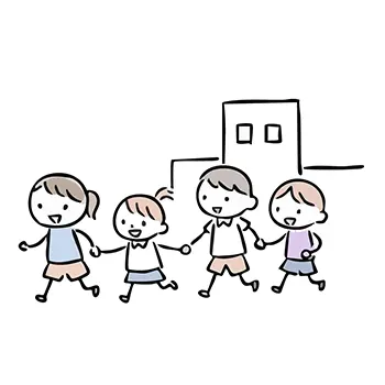  4人の子供たちが手をつないで一列になって走っているイラスト。秋の遠足のイメージ。