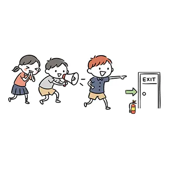  避難訓練（防災訓練）で非常口（EXIT）に向かって走る3人の子供たちのイラスト。