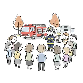 秋の日、消防士が消防車の前で、地域の住民(大人)たちに防災教室を開いているイラスト。
