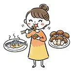  秋の味覚（焼き魚・きのこ）を食べる女性の無料イラスト | 食欲の秋フリー素材