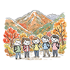  秋の山でハイキングする若者グループの無料イラスト | 紅葉・行楽フリー素材