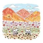  秋の山とコスモス畑でどんぐり拾いする子供たちの無料イラスト | 秋の行楽フリー素材