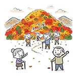  紅葉の山でハイキングするシニアグループの無料イラスト | 秋の行楽フリー素材