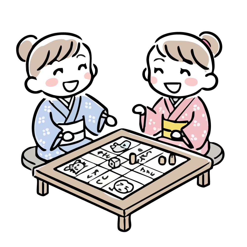 お正月に着物姿で「すごろく」をして遊ぶかわいい女の子二人の無料イラスト