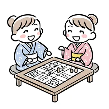 お正月に着物姿で「すごろく」をして遊ぶかわいい女の子二人の無料イラスト