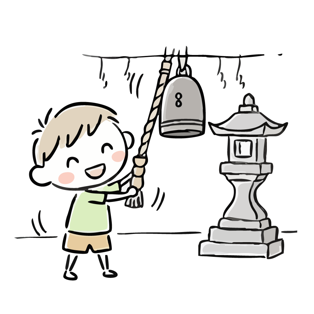 大晦日にお寺で「除夜の鐘」を鳴らすかわいい男の子の無料イラスト