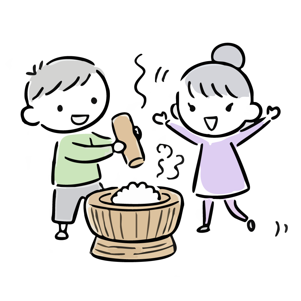 お正月に仲良く「餅つき」を楽しむかわいい老夫婦(おじいさんとおばあさん)の無料イラスト