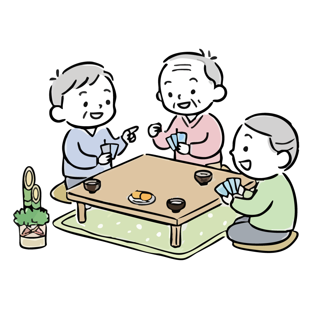 お正月に、こたつを囲んで楽しそうにカルタ(カードゲーム)をする3人のシニア(高齢者)の無料イラスト