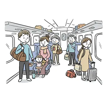 年末年始に電車で帰省する家族連れの無料イラスト