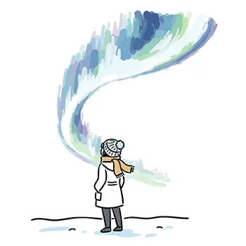 冬の雪景色の中、オーロラ(北極光)を眺める人物の無料イラスト
