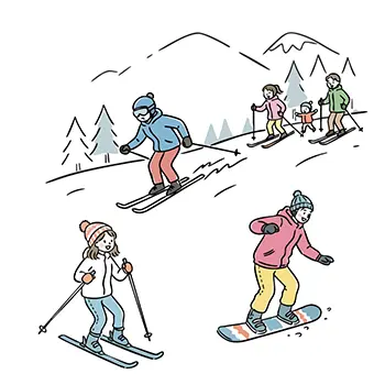 スキーやスノーボードなど、冬のウィンタースポーツを楽しむ人々の無料イラスト