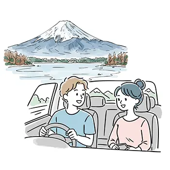 冬の富士山と湖を背景に、車でドライブデートをするカップルの無料イラスト