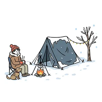 雪景色の中、テントと焚き火、犬と一緒に行う冬キャンプ(ソロキャンプ)の無料イラスト