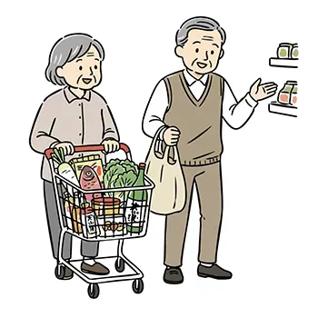 年末年始の準備のため、スーパーで楽しそうに買い物をする老夫婦の無料イラスト素材。