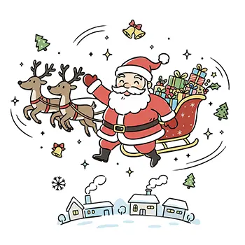 クリスマスにトナカイのソリに乗って空を飛ぶサンタクロースの無料イラスト