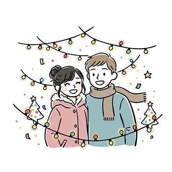 冬のクリスマスイルミネーションを背景に微笑むカップルの無料イラスト