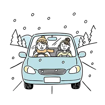 冬の雪道をドライブデートするカップル(車内・正面)の無料イラスト