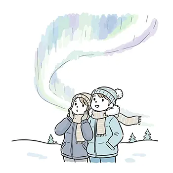冬の雪景色の中、二人でオーロラ(北極光)を見上げるカップルの無料イラスト