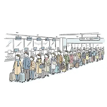 年末年始の帰省ラッシュで、空港のチェックインカウンターに並ぶ大勢の人々の無料イラスト