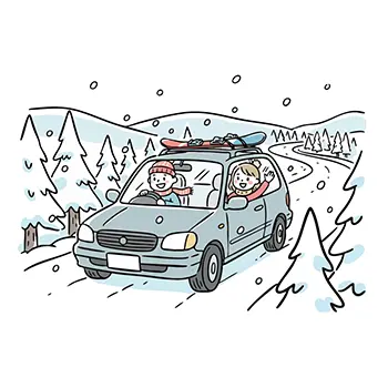 スキーとスノーボードをキャリアに積んだ車が冬の雪道をドライブしている無料イラスト
