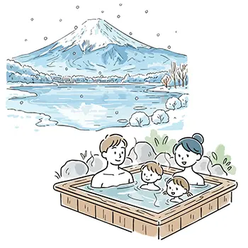 冬の雪化粧をした富士山が見える露天風呂(檜風呂)に家族4人で入っている無料イラスト