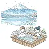 富士山と露天風呂 | 家族で入る「冬」の温泉 無料イラスト