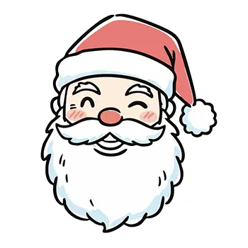 にっこり笑う表情がかわいい、手書き風サンタクロースの顔の無料イラスト