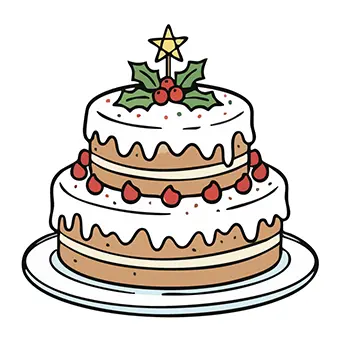 ヒイラギと星で飾られた、おしゃれでかわいい二段重ねのクリスマスケーキの手書き風無料イラスト
