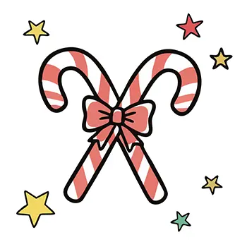 リボンで結ばれ星が散りばめられた、かわいい手書き風キャンディケインの無料イラスト