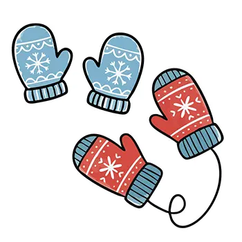 雪の結晶模様が描かれた、赤と青のかわいい手袋(ミトン)の手書き風無料イラスト