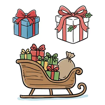 プレゼントを積んだソリと、リボン付きのギフトボックスが描かれた、かわいい手書き風無料イラスト