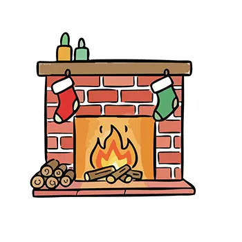 クリスマスの靴下が飾られた、火が灯る暖かい暖炉の手書き風無料イラスト
