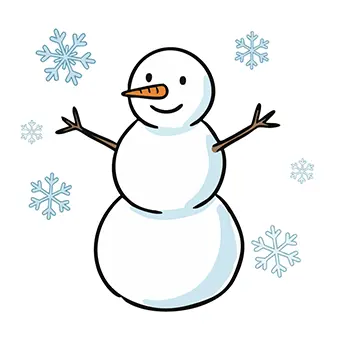 雪が降る中、笑顔で立つかわいい手書き風の雪だるまの無料イラスト