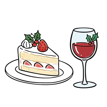ヒイラギが飾られたイチゴのクリスマスケーキとワイングラスの手書き風無料イラスト
