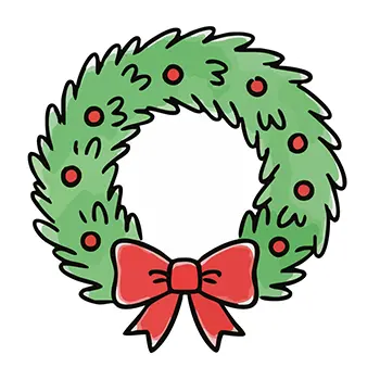 大きな赤いリボンと赤い実がついた、かわいい手書き風のクリスマスリースの無料イラスト