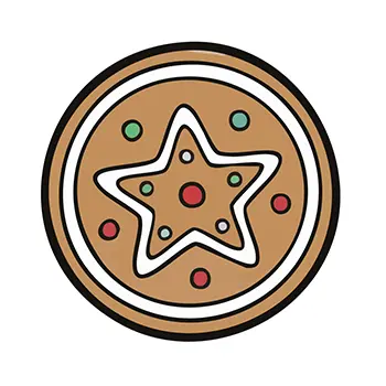 星のアイシングとカラフルなドットで飾られた、丸いクリスマスのお菓子(クッキー)の手書き風無料イラスト