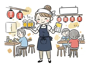 居酒屋でビールのジョッキを運ぶ、鉢巻きとエプロン姿の可愛い女性店員の無料イラスト素材。