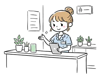 クリニックの受付でタブレットを持ち、笑顔で案内する女性スタッフの無料イラスト。