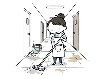 モップとバケツを使い、ビルの廊下を掃除する女性清掃員の無料イラスト。