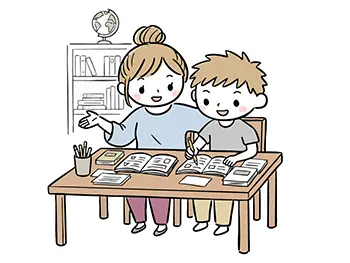 男の子の生徒にマンツーマンで勉強を教える、優しい女性家庭教師の無料イラスト。