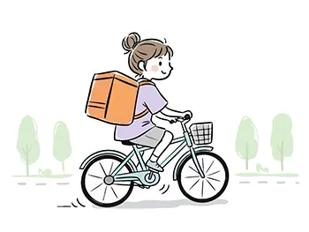 大きな配達バッグを背負い、自転車に乗ってフードデリバリーをする女性の無料イラスト。