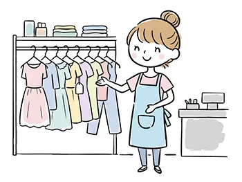 アパレルショップで洋服の横に立ち、笑顔で接客するエプロン姿の女性店員の無料イラスト。