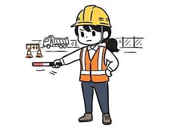 工事現場で誘導灯を持ち、車両を案内するヘルメット姿の女性交通誘導員の無料イラスト。
