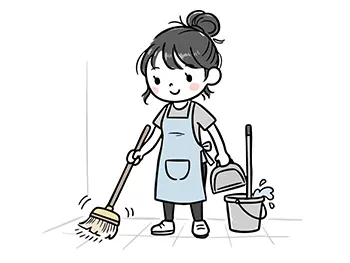 ほうきとちりとり、バケツを持って笑顔で床を掃除する女性の無料イラスト。