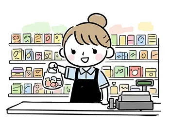 コンビニのレジで、商品を入れた袋を笑顔で渡す女性店員の無料イラスト。