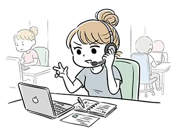 ヘッドセットを装着し、ノートパソコンを見ながら真剣な表情で電話対応する女性オペレーターの無料イラスト。