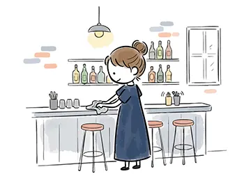 おしゃれなバーのカウンターで、グラスを布巾で拭いている女性店員の無料イラスト。